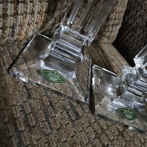 Vintage Shannon Crystal Pillar Candle Holder 10" Pair Heavy Art Deco MCM Marked - Picture 2 of 10